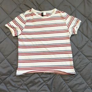Red white and blue striped t-shirt.